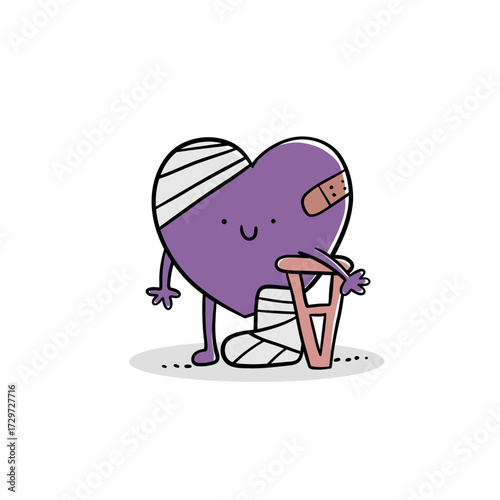 Vector illustration of a cute purple heart character with bandages, band-aid, and using a crutch