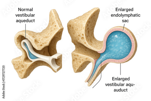 Medical illustration comparing a normal vestibular aqueduct to an enlarged one, highlighting an enlarged endolymphatic sac.