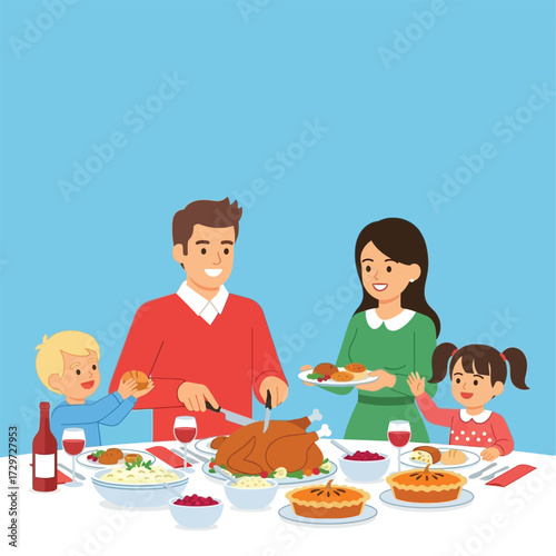 Family enjoying a Thanksgiving dinner together, with the father serving turkey and the mother holding a plate of food.