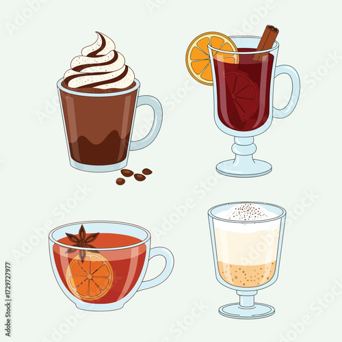 Four stylized illustrations of hot beverages: chocolate with whipped cream, mulled wine with orange and cinnamon, spiced tea, and eggnog.