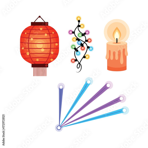 Illustration of a red Chinese lantern, string lights, a burning candle, and sparklers on a white background.