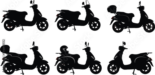 Modern scooter silhouette vector, motor scooter design, city transportation graphic, retro moped illustration, urban vehicle clipart, rider helmet, travel symbol