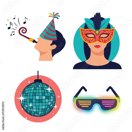 A collage of party elements: a person with a party hat and noisemaker, a masked woman, a disco ball, and neon glasses.