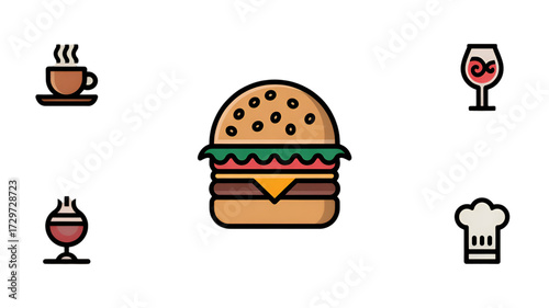 Delicious Burgers Coffee Drinks and Chef Hat Icons Representing Food Service and Hospitality