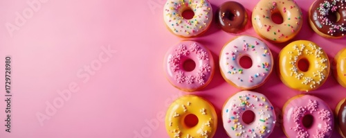 A dozen vibrant donuts, glazed and sprinkled, arranged on a soft pink surface , top view, pink, delicious food