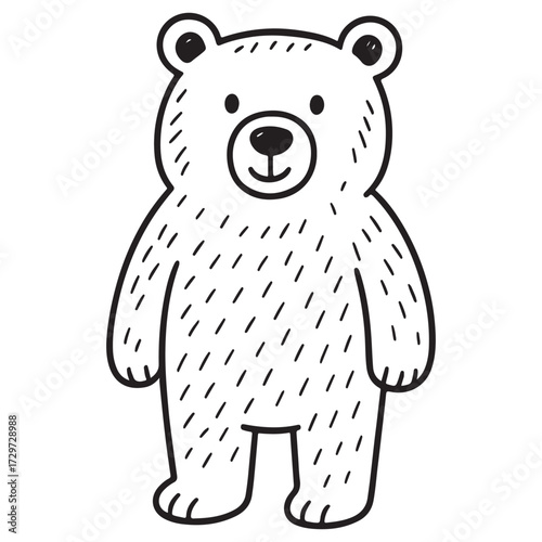A friendly, standing cartoon bear with simple fur texture, smiling directly at the viewer. A clean, easy outline drawing perfect for a children's quick coloring page.