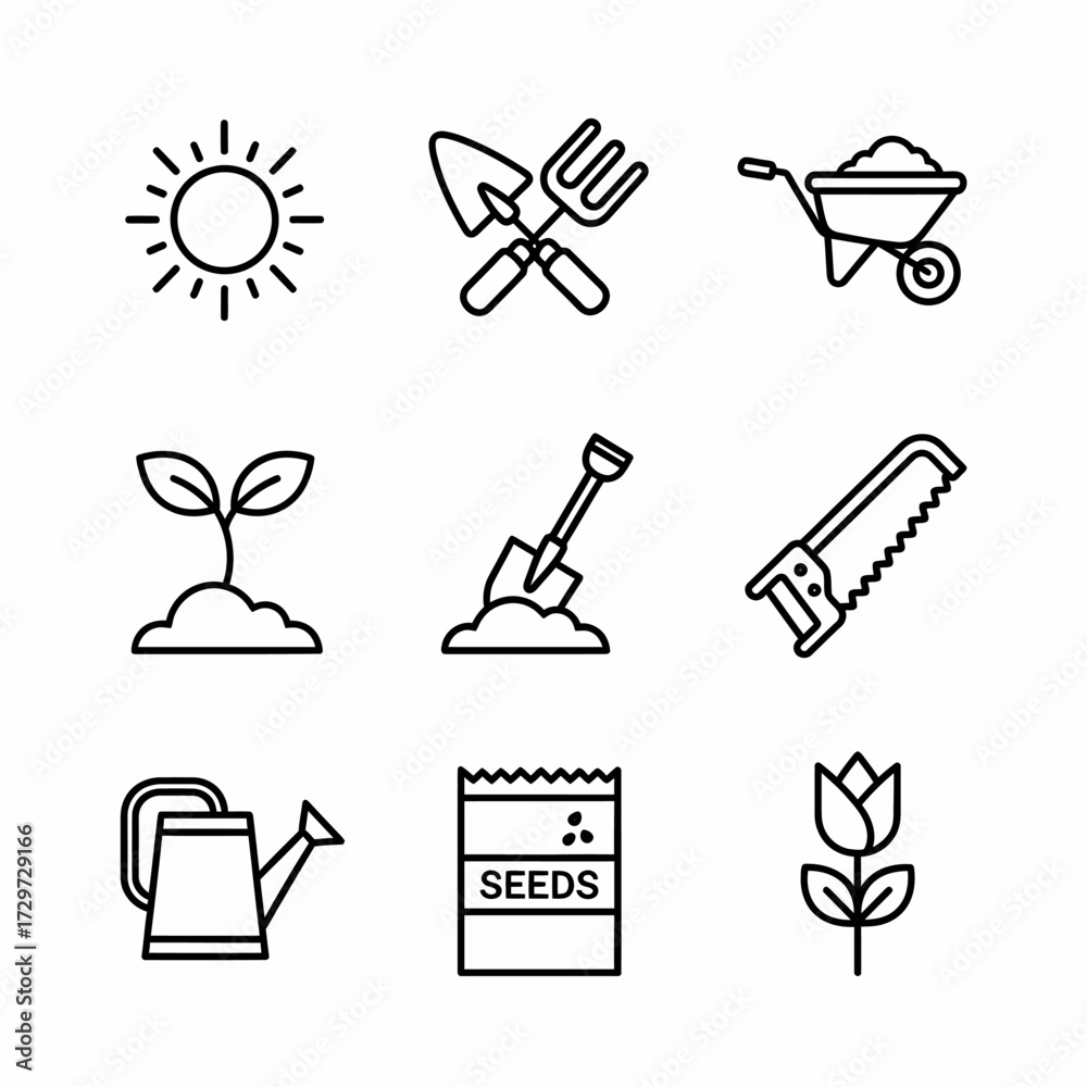 Obraz premium Garden tools and plants icons line art set, spring gardening and farming supplies illustration