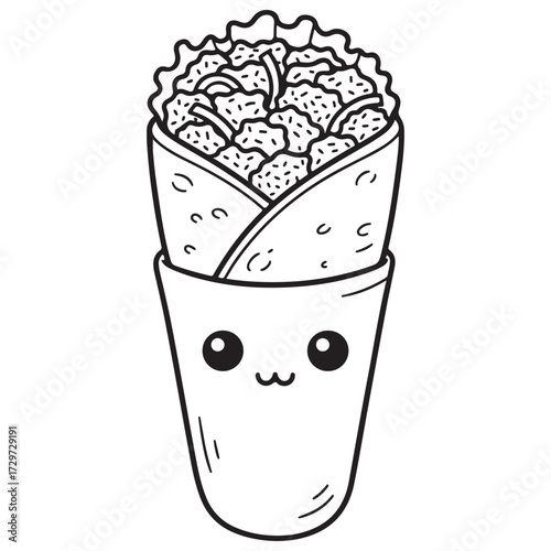 An adorable cartoon burrito or shawarma wrap in a cup, featuring a smiling kawaii face. A fun, simple outline drawing perfect for a food-themed coloring page.