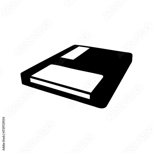 A classic black and white 3.5 inch floppy disk data storage icon