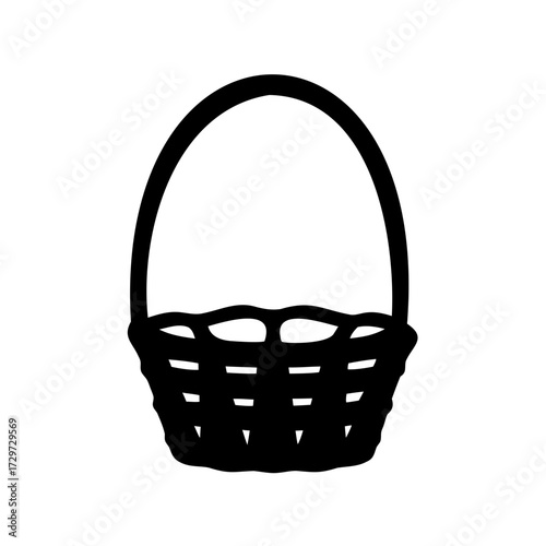 Simple black and white silhouette of a woven basket with handle