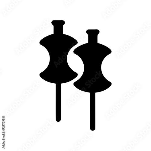 Two stylized black thumbtack icons against a white background, office tools