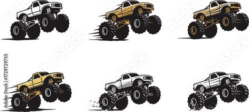 Monster truck vector, off-road racing illustration, big wheels design, extreme vehicle silhouette, automotive power, stunt truck, dirt racing concept, heavy carMonster truck vector, off-road racing 