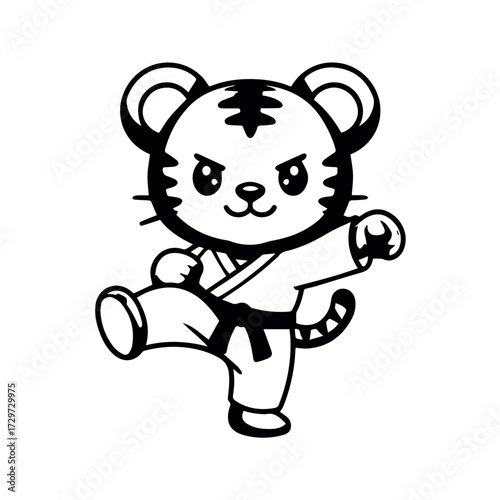 vector concept for cute cartoon tiger wearing karate uniform and kicking with determined expression in black and white