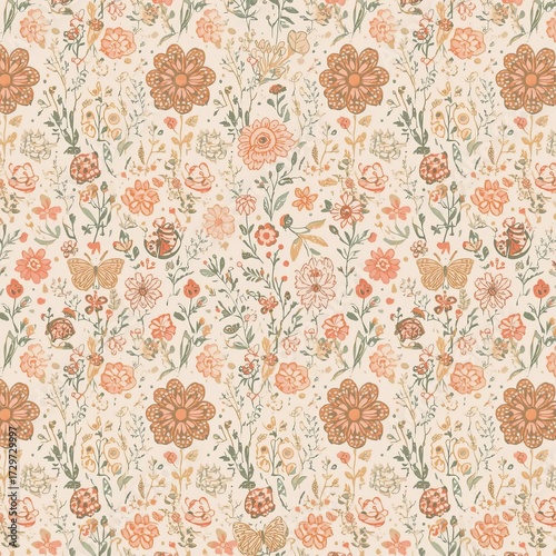 Floral pattern with flowers, butterflies, and ladybugs on a light background.