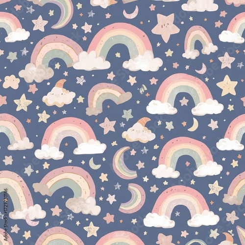 Seamless pattern with rainbows, stars, and moons on a dark blue background.