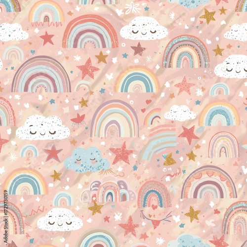 Pastel rainbow and cloud pattern on pink background.