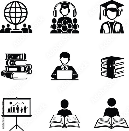 Education & Learning Icon Doodle Set – Black and White Vector Illustrations of Study, Graduation, and Digital Learning