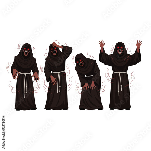 A series of illustrations depicting cloaked figures with glowing red eyes in various poses.