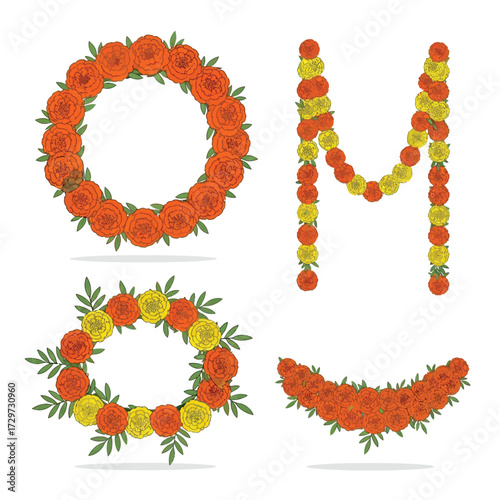 Colorful floral arrangements featuring marigolds, arranged in wreath and garland shapes, isolated on white.