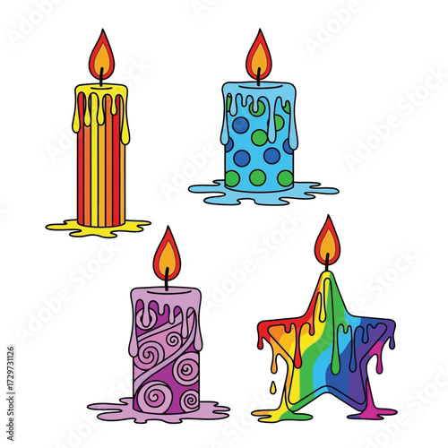 Colorful candles of various shapes and designs, each burning brightly.