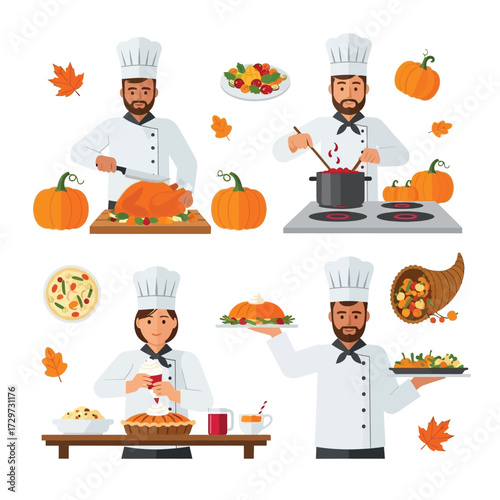 Chefs preparing a Thanksgiving feast, including cooking turkey, making pie, and serving dishes.