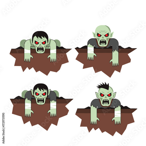 Four cartoon zombies emerging from cracked earth, with green skin and red eyes, in a vector illustration.
