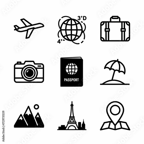 A compilation of travel icons representing various aspects of travel and tourism related activities