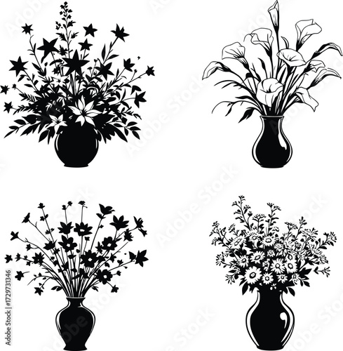 Floral Vase Icon Doodle Set – Black and White Vector Illustrations of Distinct Flower Arrangements and Bouquets