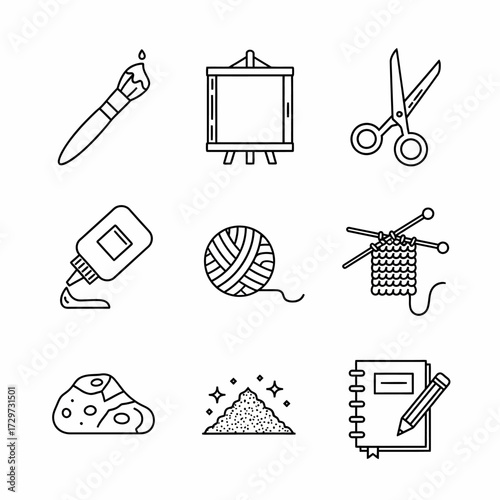 Diverse collection of crafting supplies in a minimalist line art style illustration for creative