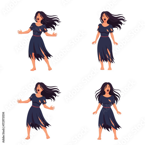 Four illustrations of a distressed woman with disheveled hair and torn dress, expressing fear or anguish.