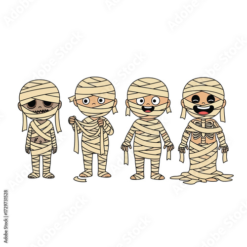 Four cartoon mummies stand side-by-side, each with unique expressions and slightly different wrappings.