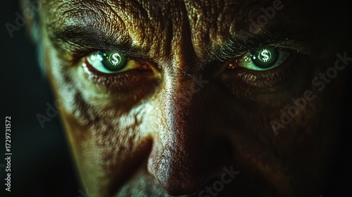 Close-up portrait of a man with glowing dollar symbols in his eyes, obsession with money, financial ambition, greed, economic power, investment, business motivation and wealth in modern society.