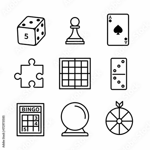 Collection of game icons featuring dice chess piece card and puzzle elements in black and white