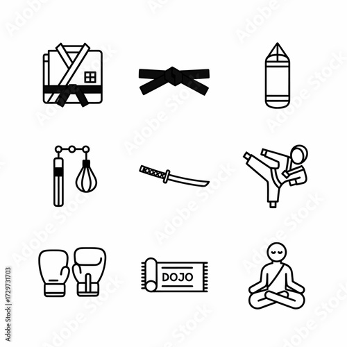 Iconic martial arts training equipment and techniques collection vector design minimalist