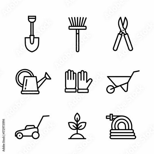 Gardening icons set depicting essential tools and elements for plant care and maintenance