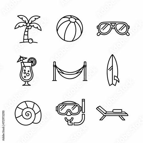 Minimalist line art summer vacation icons featuring beach, relaxation and recreation elements