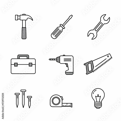Essential tools for construction and repair presented in a minimalist style illustration