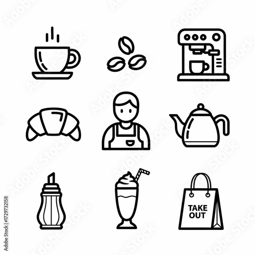 Minimalist coffee shop vector icons collection representing coffee beverages and bakery products