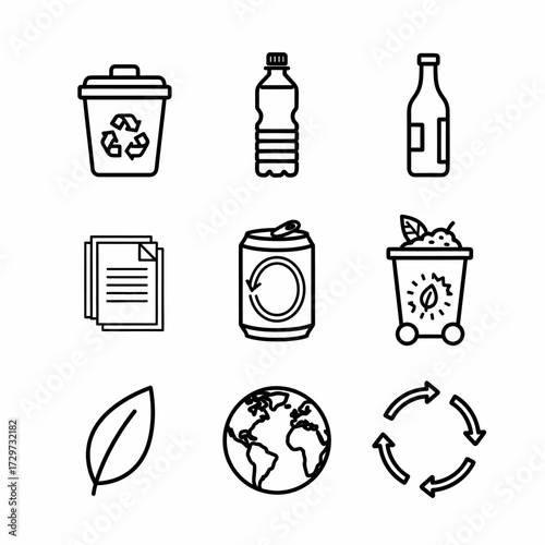 Line art icons depicting recycling and environmental conservation for sustainable living