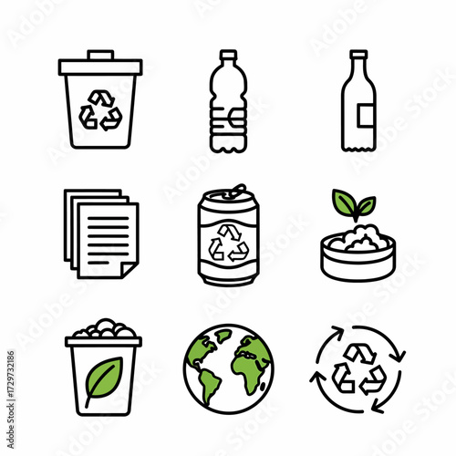 Simple line art icons depicting recycling and environmental conservation efforts and sustainability