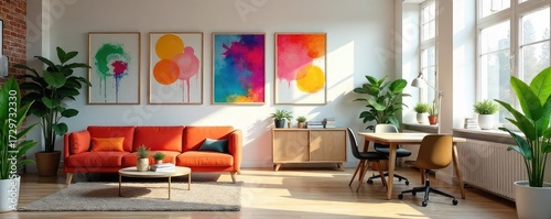 A vibrant, modern office space decorated with colorful artwork, plants, and stylish furniture, creating a cheerful and productive work environment , black, space, creative