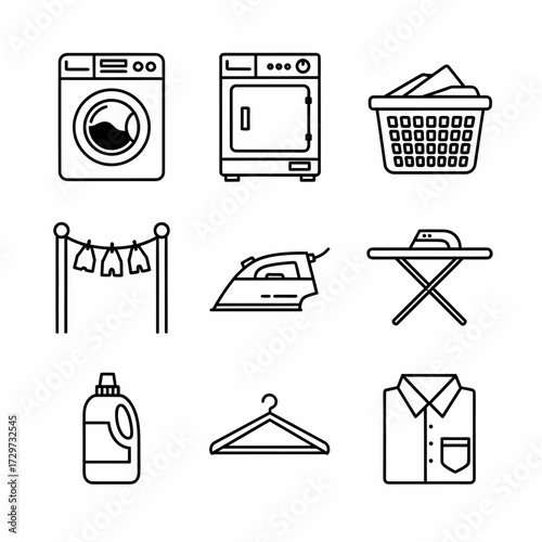 Laundry day icons showcase washing machine dryer ironing and cleaning supplies in simple line art