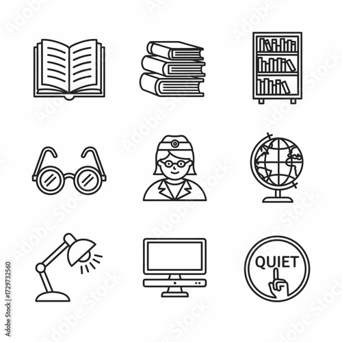 Collection of line art icons representing education, learning, and library elements