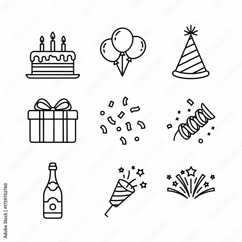 Fototapeta premium Celebration icons: Birthday party elements in minimalist outline style for events and decorations