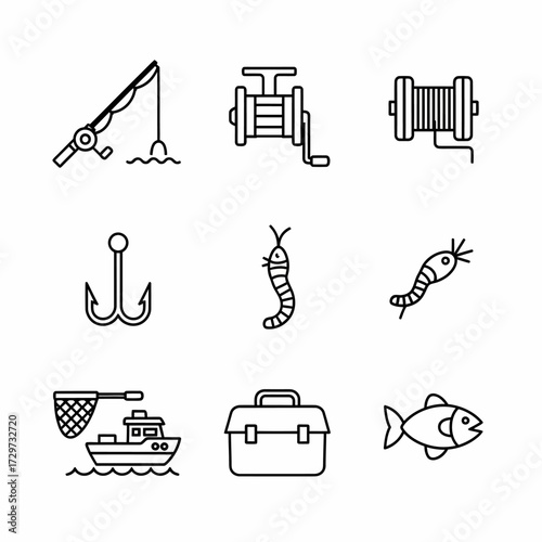 Line art icons depicting fishing equipment and accessories showcasing angling essentials tools