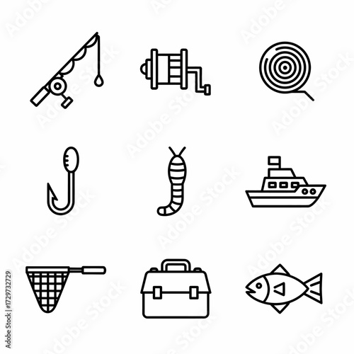 Fishing equipment and supplies icon set in outline style suitable for creative designs
