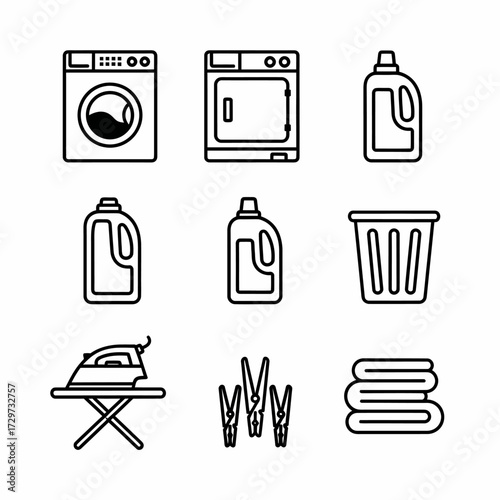 Simple Laundry Icons Set Representing Washing Drying and Ironing Processes Cleanliness and