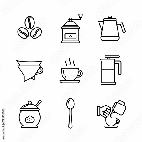 Outline coffee preparation icons representing various brewing methods and accessories