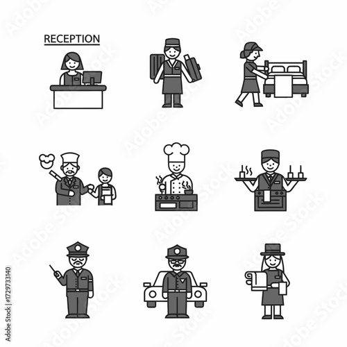 Hotel staff vector icons depict reception porter maid chef waiter and security personnel