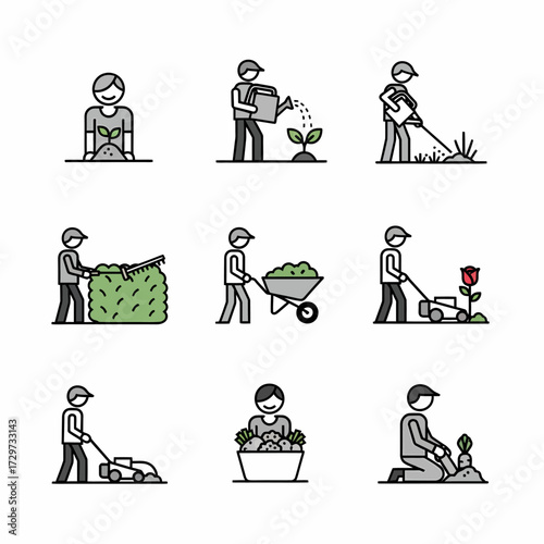 Collection of gardening themed vector icons depicting various gardening activities outdoor